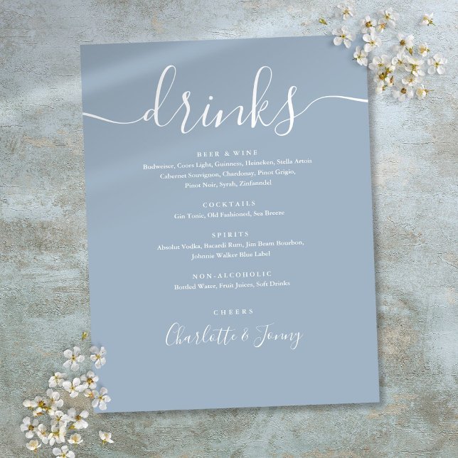 Menú de Bebidas de Boda en Letra Moderna Azul Polv (Dusty Blue Modern Script Wedding Drinks Menu Flyer)