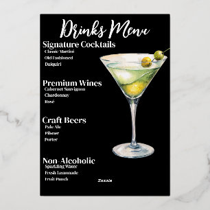 Menú de bebidas de fiesta con foil dorado Chic