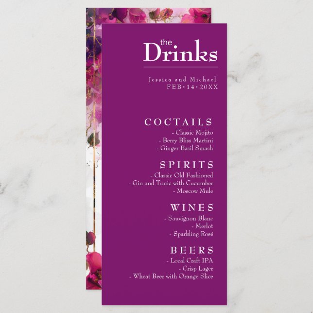 Menú de bebidas Fuchsia Encantamiento: acuarela (Anverso / Reverso)