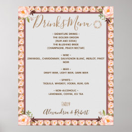 Menú de Bebidas Marco Floral Rosa Señal de Boda Nu