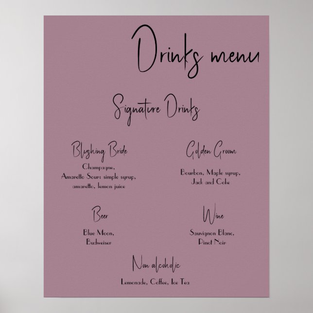 Menú de Bebidas Póster de Boda (Frente)