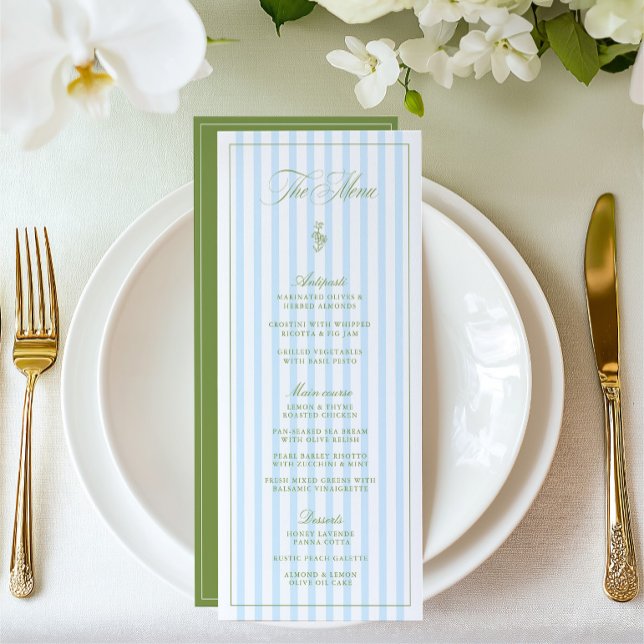 Menú de Boda a Rayas Verde Salvia y Azul Vintage (Vintage Sage Green & Blue Striped Wedding Menu)