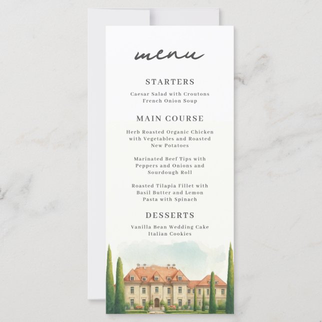 Menú de Boda Acuarela Chic de Villa Italiana Tosca (Anverso)