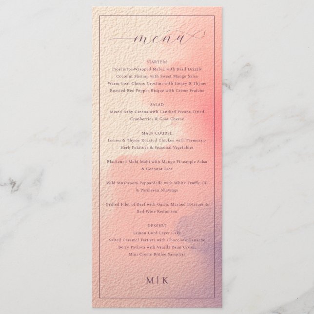Menú de Boda Acuarela de Melocotón Refinado (Anverso)