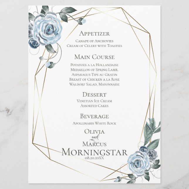 Menú de boda | Acuarela Dusty Floral Azul (Anverso)
