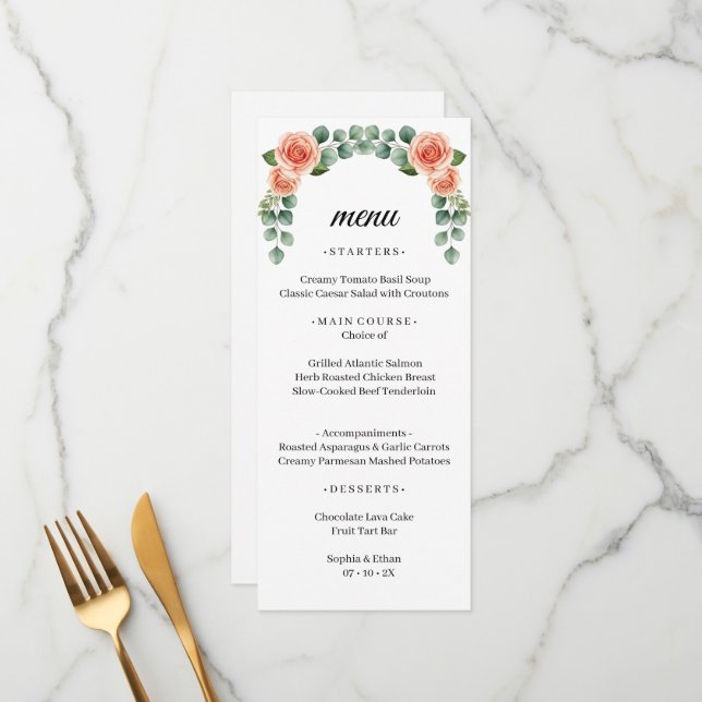 Menú de Boda Arco de Eucalipto y Rosa Melocotón Ac (Anverso/Reverso In Situ)