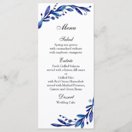Menú de boda azul botánico. Menú de cena de invier