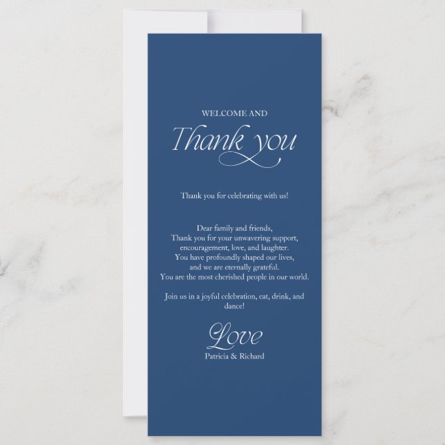 Menú de Boda Azul Cobalto y Tarjeta de Agradecimie (Anverso)
