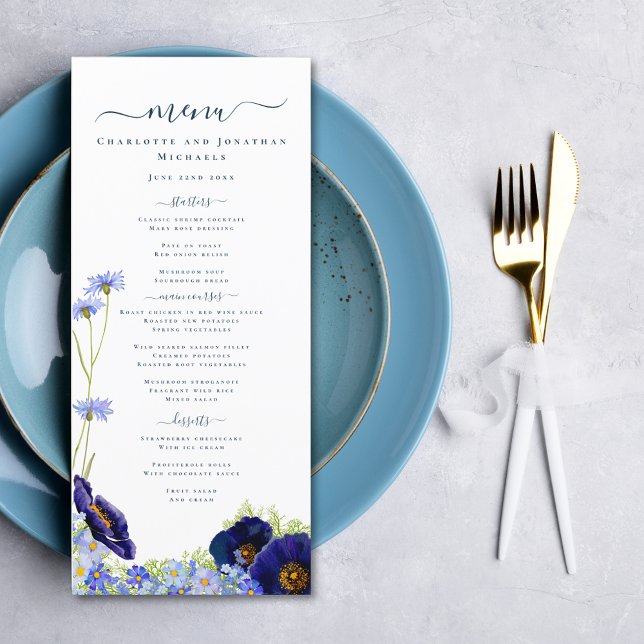 Menú de Boda Azul de Flor Silvestre Moderna (Elegant wildflower summer floral wedding menu with modern typography script)