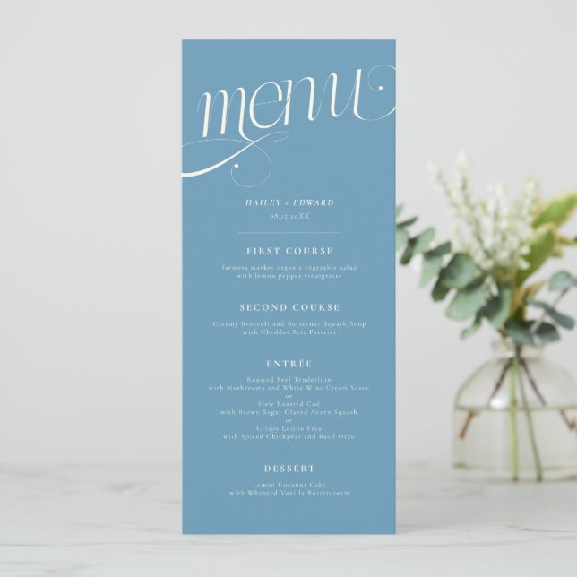 Menú de Boda Azul Denim con Remolino Elegante (Anverso de pie)