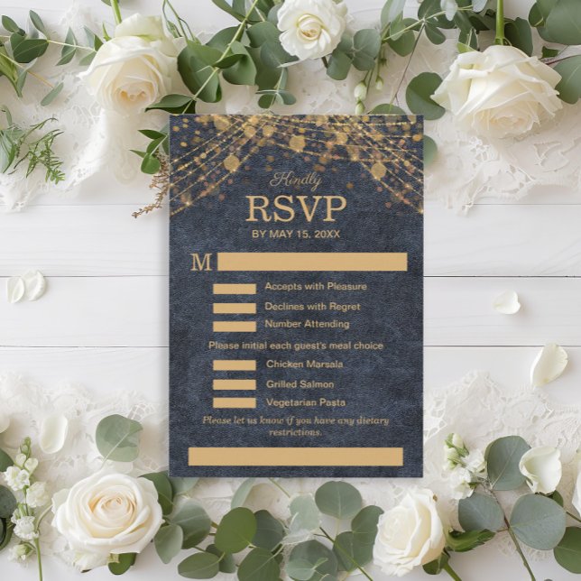 Menú de Boda Azul Marino Dorado Glam Rústico RSVP (Rustic glam blue gold string lights wedding RSVP/meal choice card)