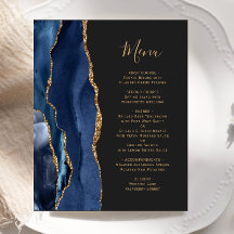 Menú de boda azul marino dorado oscuro con ágata d