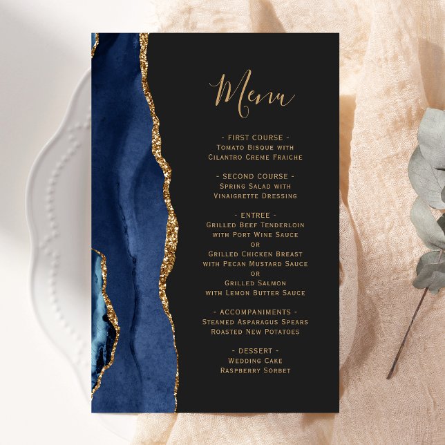 Menú de boda azul marino dorado oscuro con ágata d (Subido por el creador)