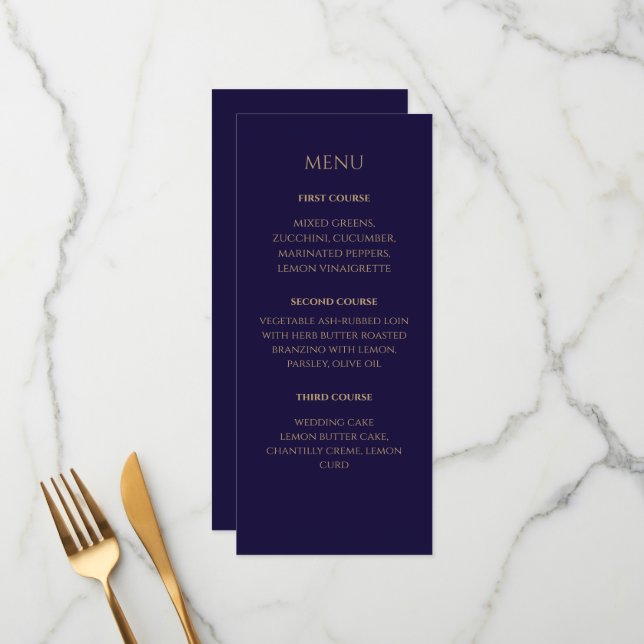 Menú de boda azul marino elegante (Anverso/Reverso In Situ)