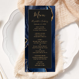 Menú de boda azul marino moderno con oro y ágata o
