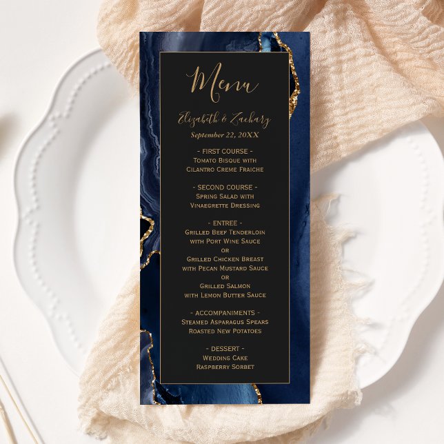 Menú de boda azul marino moderno con oro y ágata o (Subido por el creador)