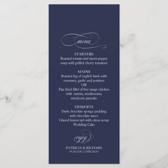Menú de Boda Azul Marino Simple Elegante 4x9 (Anverso)