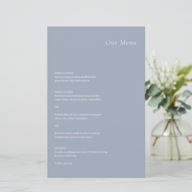 Menú de Boda Azul Polvoriento con Estilo Moderno (Anverso de pie)