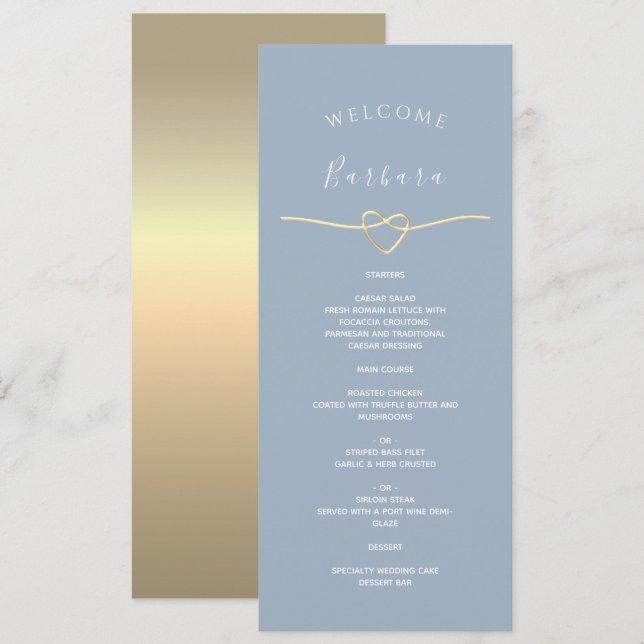 Menú de Boda Azul Polvoriento con Nombre del Invit (Anverso / Reverso)