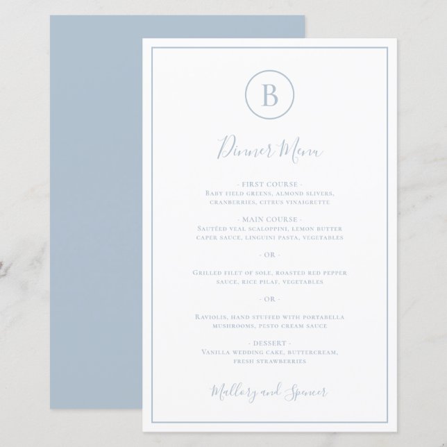 Menú de Boda Azul Polvoriento Tradicional y Elegan (Anverso / Reverso)