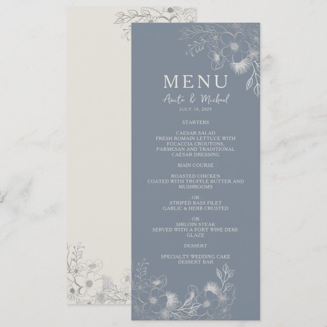Menú de boda azul polvoriento vintage (Anverso / Reverso)