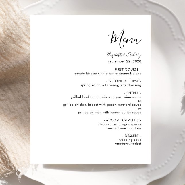 Menú de boda blanco con letra negra moderna (Subido por el creador)