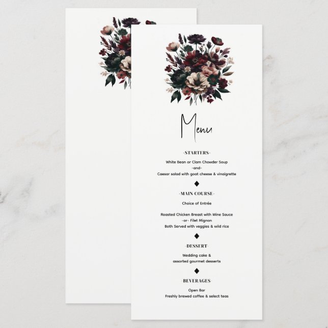 Menú de Boda Bohemiemo Florales de Jardín Rústico  (Anverso / Reverso)