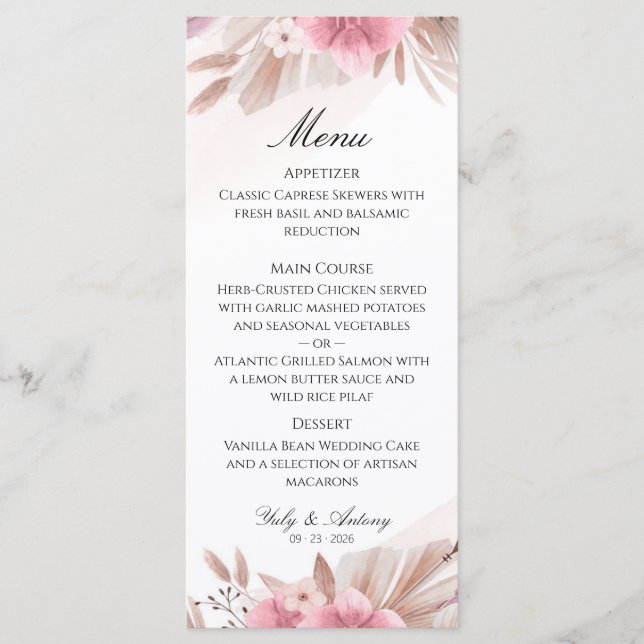 Menú de Boda Boho Chic de Rosa Romántica y Champán (Anverso)