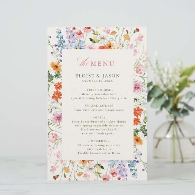 Menú de boda boho de jardín de pradera primaveral  (Anverso de pie)