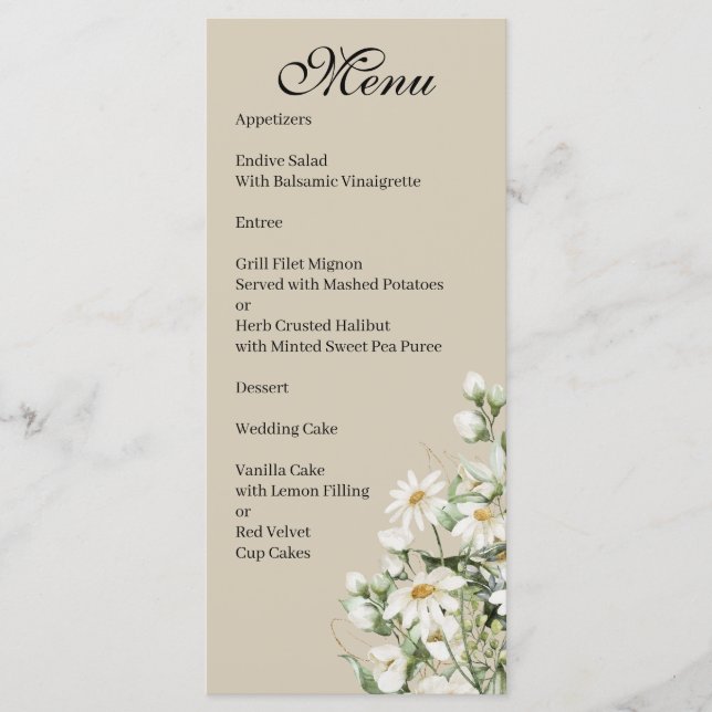 Menú de boda boho de margarita flor silvestre (Anverso)