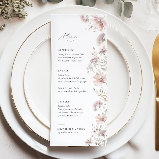 Menú de Boda Boho Flor Silvestre Rosado (Blush wildflower boho wedding menu with soft floral design, elegant typography, romantic table style)