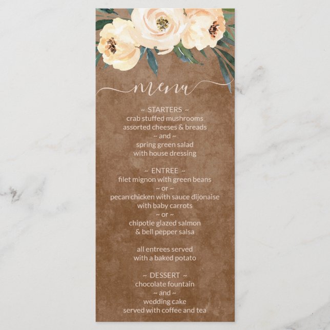 Menú de boda boho marrón beige floral neutro (Anverso)