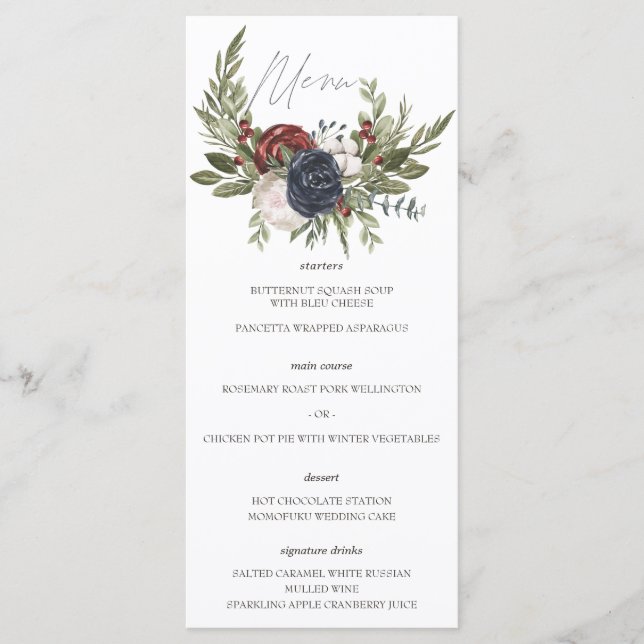 Menú de Boda Botánico Boho Floral de Invierno Eleg (Anverso)