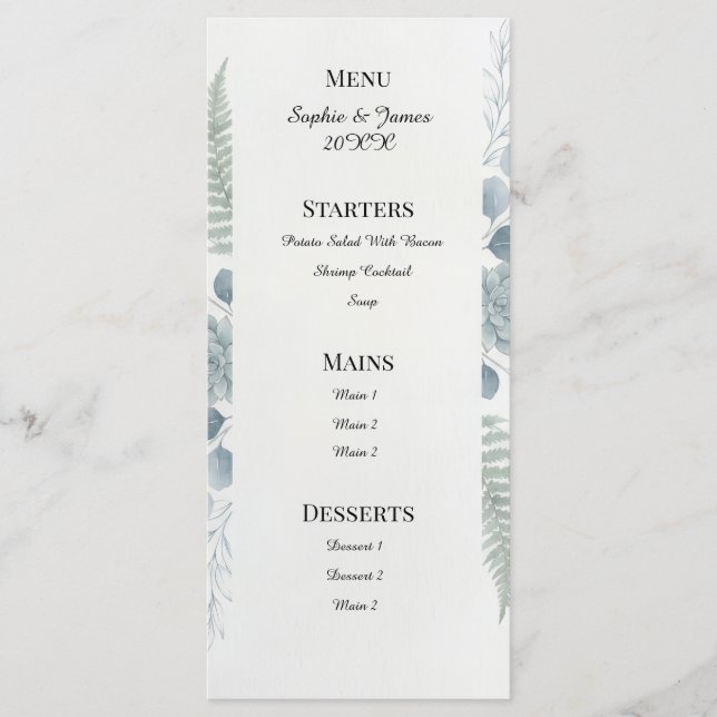 Menú de Boda Botánico Gris Azul (Anverso)