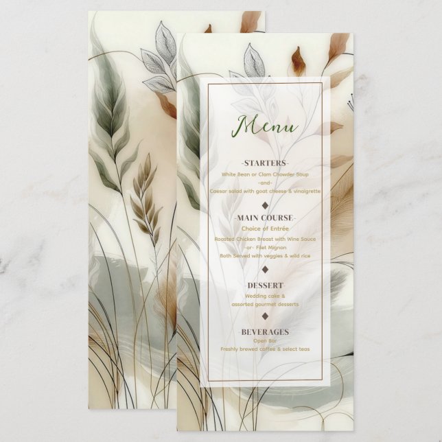 Menú de Boda Botánico Moderno Boho con Vegetación  (Anverso / Reverso)