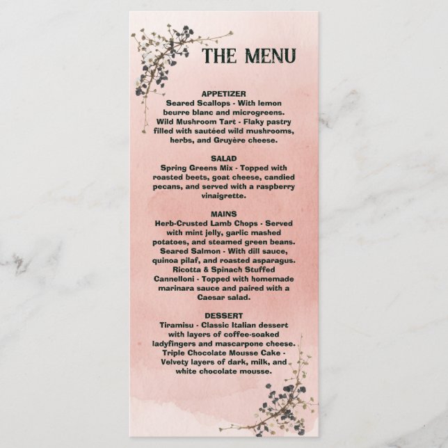 Menú de boda botánico rosa polvoriento, Menú de bo (Anverso)