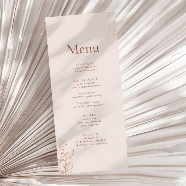 Menú de Boda Botánico Terracota Minimalista (Minimal Terracotta Botanical Wedding Menu on a sunny neutral dry palm leaf.)