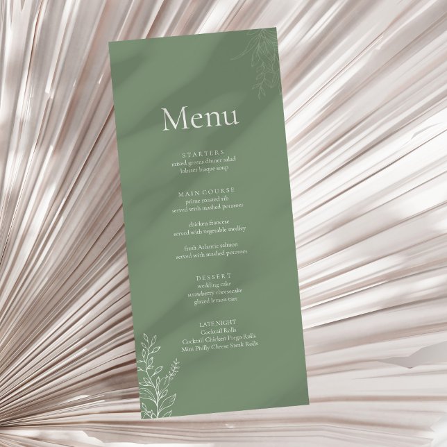 Menú de Boda Botánico Verde Salvia Oscuro (Dark Sage Green Botanical Wedding Menu on a neutral dry palm leaf.)