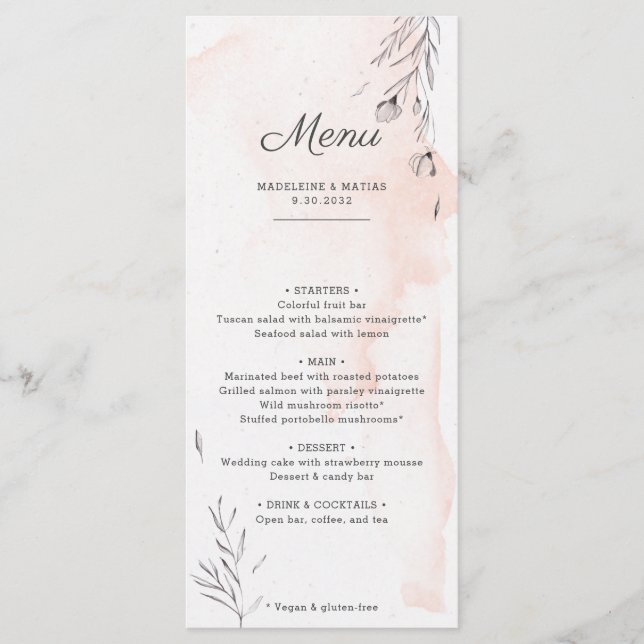 Menú de boda botánico y gris (Anverso)