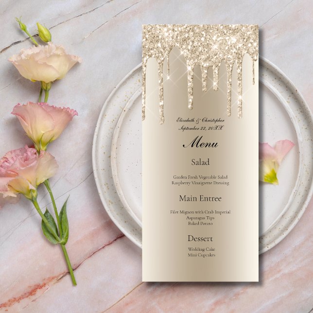 Menú de Boda Brillo Glamour Champagne Goteante (Champagne Dripping Glitter Wedding Menu)