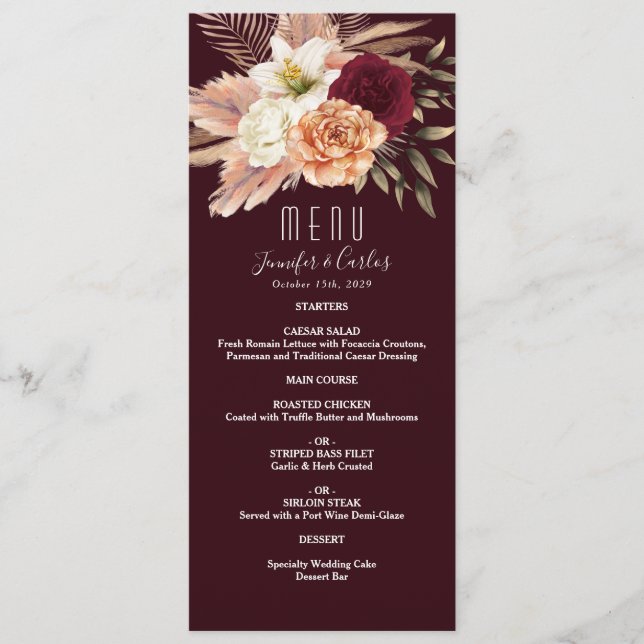 Menú de Boda Burgundy Floral (Anverso)