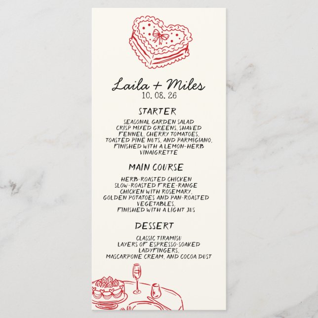 Menú de Boda Caprichoso Rojo Calor (Anverso)