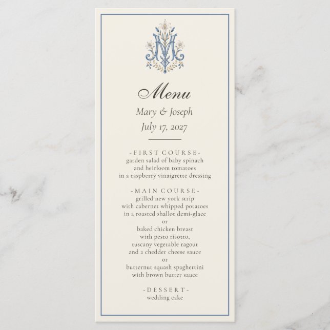 Menú de Boda Católico Rosas Azules Elegantes | Mar (Anverso)
