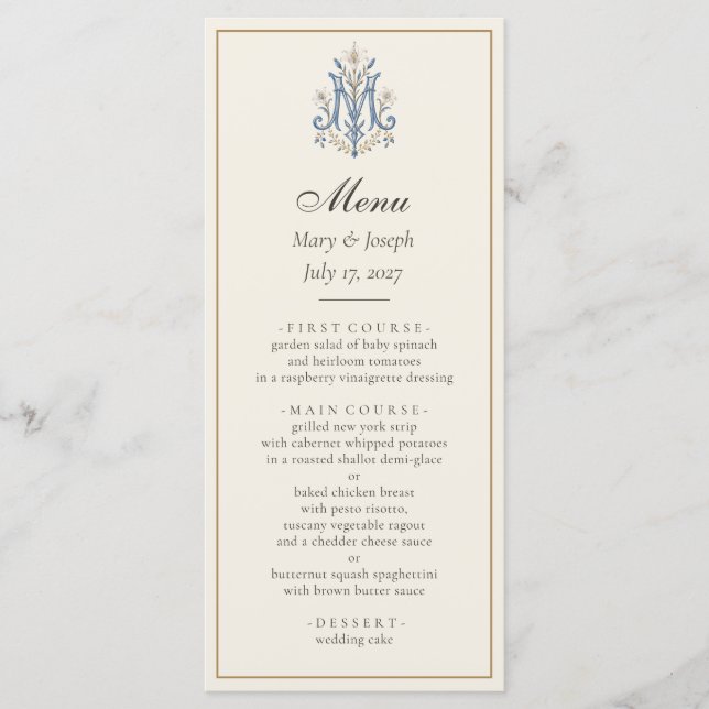 Menú de Boda Católico Rosas Azules Elegantes | Mar (Anverso)
