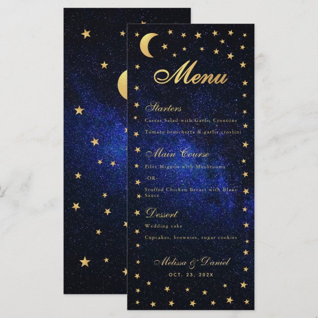 Menú de Boda Celestial - Estrellas Elegantes de Az (Anverso / Reverso)