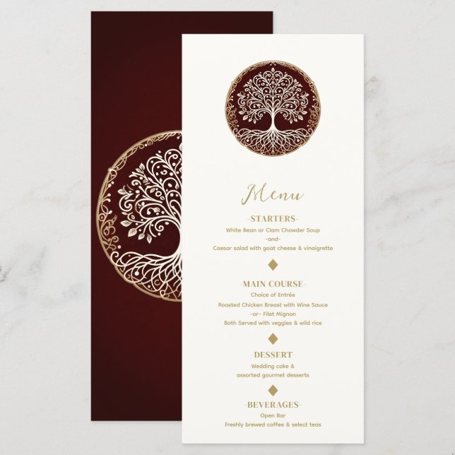 Menú de Boda Celta Rojo Oscuro Rústico del Árbol d (Anverso / Reverso)