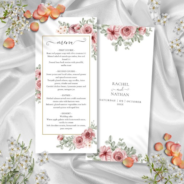 Menú de boda cena polvo rosa floral dorado (Floral Dusty Rose Gold Wedding Dinner Menu)