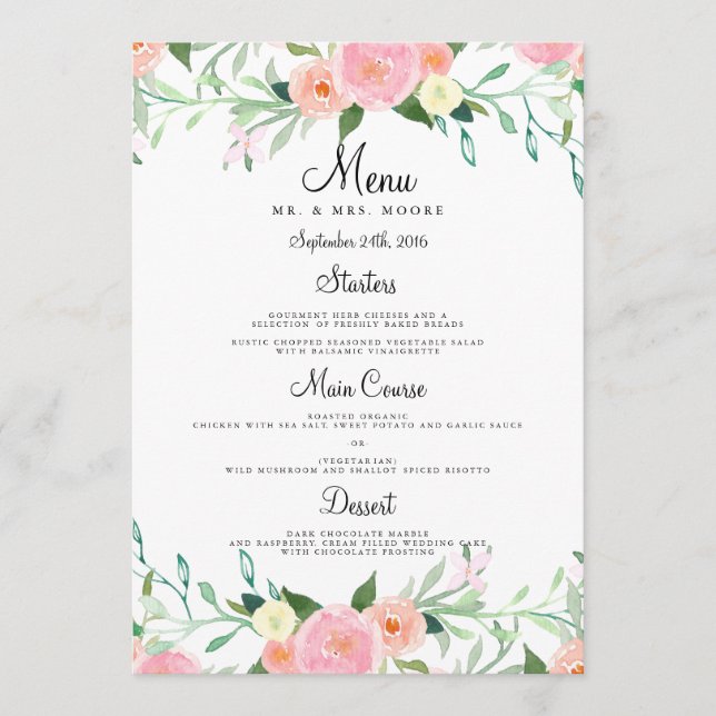 Menú de boda cena Rosa Melocotón Acuarela Dulce (Anverso)