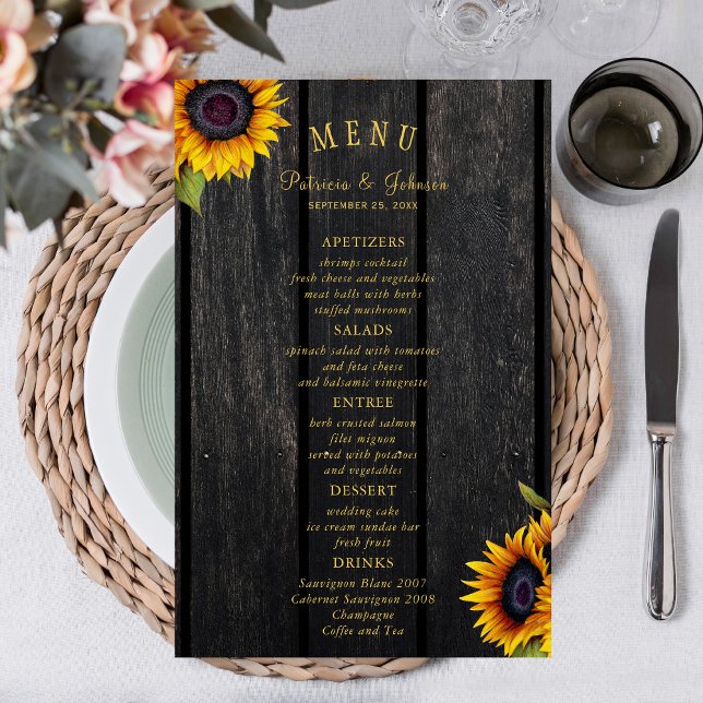 Menú de boda chic con girasoles rústicos y presupu (Subido por el creador)