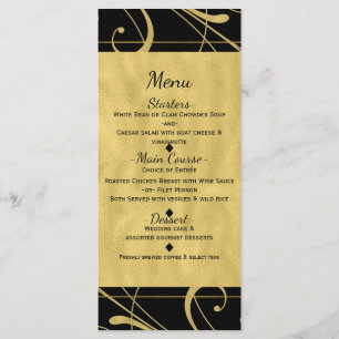 Menú de boda chic con remolino floral en negro y d